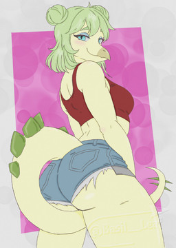anthro blue_eyes bottomwear breasts bubble_butt butt clothed clothed_anthro clothed_female clothing crop_top denim denim_bottomwear denim_clothing denim_shorts female furgonomic_bottomwear furgonomics green_body green_hair hair hair_bun half-closed_eyes head_turned logo long_hair looking_at_viewer low-angle_view medium_breasts narrowed_eyes non-mammal_breasts red_clothing red_crop_top red_shirt red_topwear shirt shorts simple_background solo spiked_tail spikes spikes_(anatomy) tail text topwear twin_buns basil_leaf cavemanon_studios goodbye_volcano_high ko_op_(game_developer) snoot_game stella_(gvh_beta) dinosaur ornithischian prehistoric_species reptile scalie stegosaurian stegosaurus thyreophoran absurd_res artist_logo artist_name colored hi_res shaded watermark