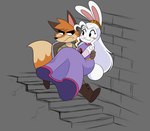 ahoge annoyed anthro black_eyes blush boots bridal_carry carrying_another clothed clothing dress duo female footwear frown fur glistening glistening_eyes grumpy hair hair_heart male male/female orange_body orange_fur princess purple_clothing purple_dress royalty shoes sketch_background smile stairs walking white_body white_fur white_hair kabula_(artist) princess_carotene canid canine fox lagomorph leporid mammal rabbit absurd_res hi_res sketch