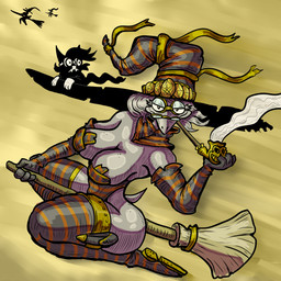4_fingers anthro armwear bent_legs big_breasts boots breasts broom broom_riding cleaning_tool cleavage clothed clothed_anthro clothed_female clothing elbow_gloves eyelashes eyeshadow eyewear female fingers flying footwear glasses glistening glistening_body gloves grey_body grey_clothing grey_hair group hair handwear hat headgear headwear holding_broom holding_cleaning_tool holding_object legwear leotard looking_at_viewer magic_user makeup medium_hair mischievous_smile orange_clothing pasties pattern_clothing pouch_(clothing) pupils shirt_collar shoes short_tail silhouette simple_background skimpy sky small_waist smile smiling_at_viewer smoke smoking_pipe solo_focus strapless_clothing strapless_leotard striped_clothing stripes tail thigh_boots thigh_highs three-quarter_view wearing_glasses white_sclera witch witch_hat yellow_background yellow_ribbon yellow_sky zhmernalt familiar steamfalish_witch 1:1 2024 digital_drawing_(artwork) digital_media_(artwork) hi_res