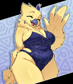 anthro beak biped blush breasts clothed clothing eyebrows eyes_closed female fingers flower_on_head leotard open_mouth open_smile simple_background slightly_chubby slightly_chubby_female smile solo standing swimwear tongue yellow_body budoti klaire_(irri) avian bird absurd_res hi_res