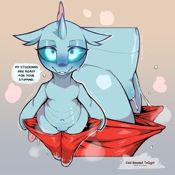 anthro blue_body bodily_fluids bottomwear clothed clothing dialogue eyelashes female front_view genital_fluids genitals hooves horn looking_at_viewer pupils red_clothing semi-anthro simple_background smile solo speech_bubble sweat text vaginal_fluids vulva cold-blooded-twilight friendship_is_magic hasbro my_little_pony ocellus_(mlp) changeling_(mlp) reformed_changeling 1:1 2025 english_text hi_res