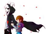 ambiguous_gender anthro black_sclera bottomwear clothed clothing coat duo eyes_closed fur heart_symbol open_mouth pants red_eyes shirt simple_background topwear white_background white_body white_fur filtrandez undertale undertale_(series) asriel_dreemurr_(god_form) frisk_(undertale) boss_monster_(undertale) bovid caprine human mammal 2016 4:3 digital_media_(artwork) hi_res