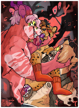 anthro blush blushing_profusely bodily_fluids border brown_eyes clothing cum cum_in_ass cum_inside double_penetration ear_piercing extreme_french_kiss eyebrow_piercing facial_piercing footwear french_kissing fur genital_fluids group group_sex holding_face kissing male male/male markings penetration piercing sex socks spots spotted_body spotted_fur stripes threesome trio white_border yellow_eyes bastriw asher_(thoralexander) bovid caprine caprine_demon cheetah demon felid feline goat_demon mammal unknown_species absurd_res hi_res