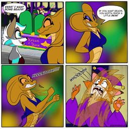 4_panel_comic brown_body brown_fur cheek_tuft clothing crop_top dialogue facial_tuft fangs fool's_hat forked_tongue fur green_body green_fur green_hair green_highlights grey_body grey_fur grin group hair half-closed_eyes hat headgear headwear highlights_(coloring) holidays horrified humor jester_outfit male narrowed_eyes open_mouth open_smile orange_body orange_scales orange_sclera pawpads paws pink_pawpads scales sharp_teeth shedding_skin shirt smile smirk smug smug_face smug_grin snake_hood speech_bubble tan_body tan_fur teeth text tongue tongue_out topwear trio tuft white_body white_fur white_hair wide_eyed zephyriwolf carnival_(holiday) mardi_gras zephyri_q_wolf canid canine canis cobra fox mammal reptile scalie snake wolf 1:1 comic english_text hi_res