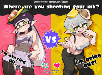 blush bodily_fluids breasts clothing cum cum_in_mouth cum_inside cum_on_breasts duo female genital_fluids legwear midriff nipple_slip not_furry pseudo_hair shirt suspenders tank_top tentacle_hair tentacles text topwear torn_clothing torn_legwear gm_laz nintendo splatoon callie_(splatoon) marie_(splatoon) aquatic cephalopod humanoid inkling mollusk hi_res url