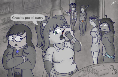 anthro bandage bandaged_arm belt biped blood bodily_fluids breasts cloak clothing dagger dialogue eyewear female first_aid first_aid_kit glasses green_eyes group hair healing humanoid_pointy_ears long_hair medical_instrument melee_weapon pointy_ears scientific_instrument shirt speech_bubble text topwear weapon wearing_glasses wound_on_face wounded pabord ritsuko_(pabord) bear canid canine canis elf giant_panda human humanoid mammal wolf 2025 absurd_res digital_drawing_(artwork) digital_media_(artwork) hi_res signature spanish_text translated