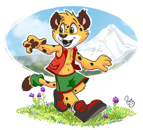 anthro black_clothing black_footwear black_shoes black_spots blue_sky bottomwear brown_eyes brown_pawpads clothed clothing facial_spots fangs footwear fur glistening glistening_eyes grass green_bottomwear green_clothing green_shorts head_tuft leg_tuft logo male markings mountain open_clothing open_mouth open_smile open_topwear pawpads pink_tongue plant red_clothing red_footwear red_shoes red_topwear shoes shorts sky smile solo spots spotted_arms spotted_body spotted_face spotted_fur spotted_legs spotted_markings spotted_tail tail tail_markings teeth tongue topwear tuft yellow_body yellow_fur young young_anthro young_male pandapaco felid mammal artist_logo signature