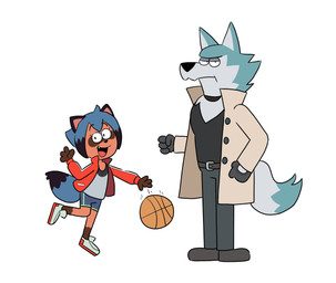 anthro blue_body blue_fur blue_hair brown_body brown_fur clothed clothing duo female fluffy fluffy_tail fur hair male tail topwear black_zork brand_new_animal jellystone_(hbo_max) studio_trigger michiru_kagemori shirou_ogami canid canine canis mammal raccoon_dog tanuki wolf 2021 hi_res