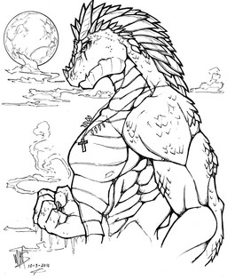 abs anthro athletic cloud cross cross_necklace fist jewelry looking_at_viewer moon muscular necklace scales scar sky spikes walter_sache mythology dragon mythological_creature mythological_scalie scalie 2010 black_and_white dated hi_res monochrome signature
