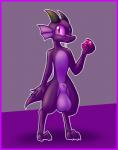 animal_genitalia anthro balls big_balls bite_mark bodily_fluids border drooling feet femboy food frill_(anatomy) fruit fully_sheathed genitals horn huge_balls juice_(beverage) male membrane_(anatomy) membranous_frill paws pink_eyes plant plum_(fruit) pupils purple_body purple_border purple_skin saliva sheath short slit_pupils solo standing tail wide_hips etchasketchy plum_(plumbold) kobold lizard reptile scalie 2018 absurd_res digital_media_(artwork) hi_res