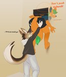 anthro butt clothed clothing dialogue duo fur green_hair hair hand_on_butt holding_partner male male/male multicolored_body multicolored_fur orange_body orange_fur pushing text lichee casey_(sodawunk) harley_(sodawunk) canid canine canis hybrid jackal mammal mephitid skunk wolf absurd_res english_text hi_res