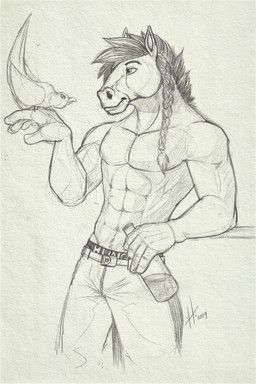 abs ambiguous_feral ambiguous_gender anthro beak bottle bottomwear braided_hair clothed clothing container duo feral glistening glistening_eyes hair holding_bottle holding_container holding_object male male_anthro mouth_closed muscular muscular_anthro muscular_male pants pecs simple_background standing topless hufnaar avian equid equine horse mammal 2:3 absurd_res hi_res monochrome sketch