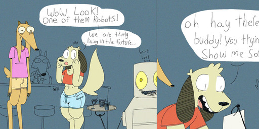 2_horns 3_panel_comic anthro bar_stool bartender beverage black_nose blue_bottomwear blue_clothing blue_shorts bodily_fluids bottomwear chair chest_tuft clothing container costume crop_top cup denim denim_bottomwear denim_clothing denim_shorts dialogue drinking_glass floppy_ears fur furniture glass glass_container glass_cup grey_background group head_tuft holding_container holding_cup holding_glass holding_object holding_sign hooves horn inside looking_at_another male midriff navel open_mouth open_smile pink_clothing pink_shirt pink_topwear red_clothing red_crop_top red_shirt red_topwear robot_costume shirt shorts sign simple_background smile speech_bubble standing stool tail tan_body tan_bottomwear tan_clothing tan_fur tan_shorts tears text topwear tuft agusta reg_(agusta) stich_(agusta) bovid canid canine canis caprine domestic_dog goat mammal 2025 absurd_res comic english_text hi_res