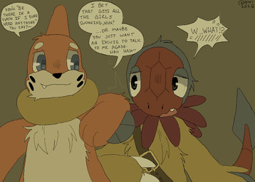blush blush_lines dialogue duo male prodding simple_background speech_bubble talking_to_another teasing text qrnrr nintendo pokemon pokemon_mystery_dungeon spike_chunsoft aerial_explorer_archen marine_explorer_buizel archen buizel fossil_pokemon generation_4_pokemon generation_5_pokemon pokemon_(species) animated loop
