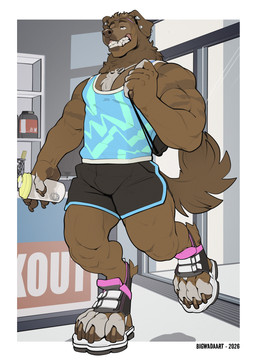5_fingers anthro athletic_wear biceps big_feet biped bottomwear brown_body brown_fur claws clothed clothing feet fingers footwear fur gym_bottomwear gym_shirt gym_shorts gym_topwear hair male muscular muscular_anthro muscular_male paws shirt shorts solo tank_top toes topwear tuft big_wada canid canine canis domestic_dog mammal digital_media_(artwork) hi_res