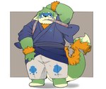 anthro biped black_nose green_body humanoid_hands kemono overweight plantigrade simple_background solo tail text inunoshippo mythology pento_(kamiyu) canid canine canis domestic_dog dragon hybrid mammal mythological_creature mythological_scalie scalie 2022 japanese_text