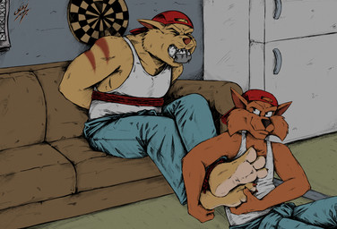 anthro appliance backwards_hat barefoot bdsm black_nose bondage bound brown_body brown_fur brown_nose brown_sofa cheek_tuft closed_smile clothed clothed_anthro clothed_male clothing dartboard duo eyes_closed facial_tuft fangs feet foot_fetish footwear fridge fur fur_tuft furniture gag gagged hands_behind_back hat headgear headwear kitchen_appliance male mouth_closed red_clothing red_hat red_headwear restraints rope rope_bondage sitting smile sock_gag socks socks_removed sofa teeth tickle_fetish tickle_torture tickling tickling_feet tongue tuft white_sclera white_undershirt yellow_body yellow_fur cagey_(artist) hanna-barbera swat_kats chance_furlong jake_clawson domestic_cat felid feline felis mammal hi_res