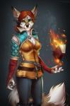 5_fingers anthro biped black_nose book breasts canid canine clothed clothing female fingers fire fluffy fluffy_tail fur green_eyes hair heterochromia looking_at_viewer mammal medium_breasts red_hair solo standing tail the_witcher tril-mizzrim triss_merigold wide_hips yellow_eyes