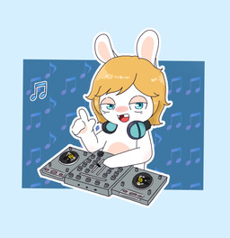 3_fingers anthro arms_bent bangs blonde_hair blue_background blush blush_lines buckteeth dj_booth electronics fingers fur gesture hair hand_gesture hand_pawpads headphones headphones_around_neck headphones_only light looking_at_viewer male male_anthro medium_hair musical_note musical_symbol noseless outline pawpads pointing red_tongue simple_background solo symbol tan_body tan_eyelids tan_inner_ear tan_pawpads tan_skin teeth text tongue white_body white_fur white_outline peypey_mei1925 raving_rabbids rayman_(series) ubisoft fan_character lagomorph mammal rabbid 2024 colored digital_drawing_(artwork) digital_media_(artwork) english_description english_text half-length_portrait hi_res lighting portrait