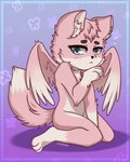 ambiguous_gender anthro blue_eyes blush blush_lines fluffy fluffy_tail fluffy_wings fur fur_tuft inner_ear_fluff kneeling paws pink_body pink_fur pink_wings solo tail tuft white_body white_fur wings duskooky lostfox canid canine fox hybrid mammal 4:5 absurd_res hi_res