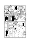 anthro apron blush bodily_fluids clothing duo electronics humanoid_hands kemono male phone shirt sweat topwear oogamikennta canid canine canis domestic_dog mammal suid suine sus_(pig) wild_boar 2018 comic monochrome