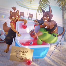 5_fingers 5_toes ahoge anthro bandeau barefoot beach beach_chair beach_umbrella belt beverage_can big_breasts black_hair black_nose bottomwear breasts brown_eyes brown_hair brown_tail cardboard chair cleavage clothed clothing cooler duo eyebrows feet female fingerless_gloves fingers fully_clothed furniture gloves hair handwear looking_at_viewer male open_mouth open_smile outside palm_tree parasol partially_submerged pawpads plant potion potion_bottle sand shirt short_hair shorts sign sitting smile soles tail tank_top teeth text toes tongue topwear tree vllrukkin xaiarts_(modeler) dog_knight_rpg monster_energy maci_(ceehaz) rory_(ceehaz) canid canine canis dobermann domestic_dog mammal pinscher pomeranian spitz 1:1 2026 3d_(artwork) digital_media_(artwork) english_text hi_res
