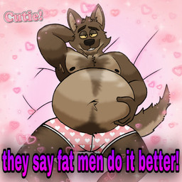 anthro bed belly big_belly body_hair brown_body clothing eyebrows furniture heart_symbol lying male moobs nipples old_artwork overweight overweight_male solo squish tail text underwear yellow_sclera taiko_toroki dreamworks the_bad_guys mr._wolf_(the_bad_guys) canid canine canis mammal wolf 1:1 absurd_res english_text hi_res