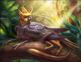 beak branch detailed_background feathered_wings feathers feral forest in_tree jungle light light_beam lying plant relaxing sitting solo subsurface_scattering sun sunbeam sunlight tail tree what wings red-izak mythology avian bird cockatiel cockatoo felid gryphon mammal mythological_avian mythological_creature parakeet parrot true_parrot