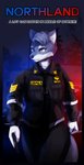 anthro badge blue_body blue_fur clothing female fur gun handgun pistol police police_officer police_uniform ranged_weapon shirt solo text text_on_clothing text_on_shirt text_on_topwear topwear uniform weapon white_body white_fur gasmaskfox ludmila_(gasmaskfox) canid canine canis domestic_dog husky mammal nordic_sled_dog spitz absurd_res english_text hi_res