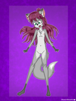 anthro black_nose chest_fur chest_tuft dipstick_ears dipstick_tail ear_markings female flat_chested freckled_face freckles fur genitals gloves_(marking) green_eyes grey_body grey_fur hair leg_markings loli long_hair long_tail looking_at_viewer markings multicolored_ears navel nipples nude nude_female pink_nipples red_hair socks_(marking) solo spread_arms spread_legs spreading standing tail tail_markings tuft vulva young young_anthro young_female blossomblaze canid canine fox mammal absurd_res character_request hi_res