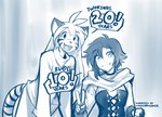 anthro clothed clothing corset dialogue duo female fur gesture grin hand_gesture lingerie looking_at_viewer open_mouth open_smile smile striped_body striped_fur stripes tail text topwear v_sign conditional_dnp tom_fischbach rooster_teeth rwby twokinds flora_(twokinds) ruby_rose felid human keidran mammal pantherine tiger 2023 adobe_photoshop_(artwork) blue_and_white digital_media_(artwork) english_text hi_res monochrome sketch