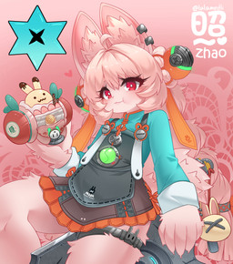 anthro eating female female_anthro hair holding_object pink_body pink_hair puffed_cheeks rabbit_ears red_eyes scut_tail short_tail solo tail young young_anthro young_female lalamedli mihoyo zenless_zone_zero zhao_(zenless_zone_zero) lagomorph leporid mammal rabbit absurd_res hi_res icon adult_(lore)