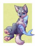 anthro biped blue_eyes chibi fluffy looking_at_viewer male pawpads paws plushie sitting solo toy werella canid canine canis domestic_dog fish husky mammal marine nordic_sled_dog shark spitz hi_res