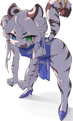 accessory ahoge anthro asian_clothing bent_over blue_eyes breasts chinese_clothing closed_hands clothing east_asian_clothing fangs female footwear fur furgonomics green_eyes hair hair_between_eyes heterochromia high_heels long_hair looking_at_viewer open_mouth raised_tail shoes simple_background small_breasts striped_body striped_fur stripes tail tail_accessory teeth white_background white_hair young tofffffu felid mammal pantherine tiger white_tiger_(chinese_mythology) absurd_res hi_res