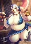 alcohol anthro beak beer beverage big_breasts bra breasts cleavage clothed clothing feathers female food huge_breasts inside kemono open_beak open_mouth overweight overweight_anthro overweight_female solo standing stick tankard thick_thighs underwear white_body white_feathers ni_jikan avian bird hi_res