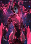 anthro bodysuit clothing drone female glowing hair hexagon hunter machine melee_weapon neon pink_clothing red_eyes red_hair skinsuit smile smirk solo spacesuit tight_clothing weapon liloli_(artist) sokolovo acrador canid canine canis jackal mammal robot hi_res