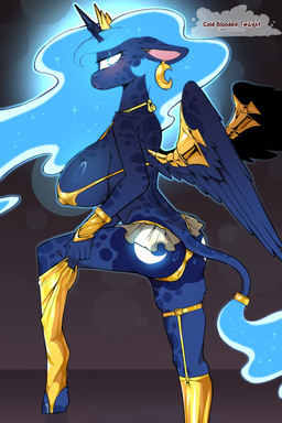 anthro big_breasts bikini biped blue_body breasts butt camel_toe clothed clothing crown ear_piercing feathered_wings feathers female headgear horn piercing swimwear two-piece_swimsuit wings cold-blooded-twilight friendship_is_magic golden_week hasbro my_little_pony mythology princess_luna_(mlp) equid equine giraffe giraffid mammal mythological_creature mythological_equine winged_unicorn 2:3 hi_res