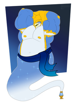 anthro belly blue_body blue_feathers feathers lamp lava_lamp magic male muscular pecs solo somniumfox avian bird genie absurd_res hi_res