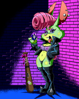 anthro areola bat_(object) biped blue_eyes boots breasts buckteeth clothed clothing collar delinquent detailed_background ear_piercing ear_ring female footwear fur green_body green_fur hair jacket leather leather_clothing leather_jacket leather_topwear legwear nipple_piercing nipples open_mouth panties piercing pink_hair pink_nose pupils ring_piercing shoes solo spiked_collar spikes teeth thick_thighs thigh_highs thong three-quarter_view tongue tongue_out tongue_piercing topwear underwear lonbluewolf lagomorph leporid mammal rabbit 2025 4:5 hi_res