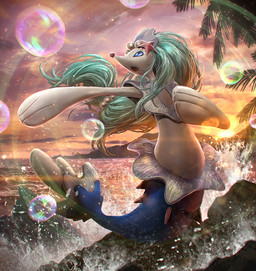 amazing_background ambiguous_gender beach blue_eyes blue_hair bubble cloud detailed_background feral hair long_hair open_mouth particles pink_nose plant rock rocky_shore sea sea_spray seaside solo star starfish_(accessory) sunset tongue tree water white_body white_skin azul-555 nintendo pokemon aquatic asterozoan echinoderm generation_7_pokemon mammal pinniped pokemon_(species) primarina starfish 2016 detailed