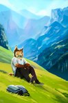 anthro backpack brown_hair cheek_tuft clothed clothing eyes_closed facial_tuft grass hair male mountain_range plant short_tail smile solo tail tuft novikjpg aidan_(sryer) eurasian_lynx felid feline lynx mammal 2023 hi_res