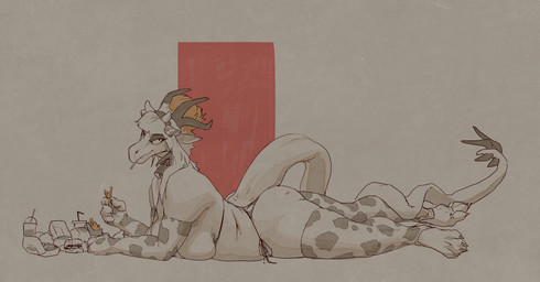 abstract_background animal_print animal_print_bikini animal_print_thigh_highs anthro big_breasts big_butt bikini breast_squish breasts burger butt claws clothing cow_print cow_print_bikini cow_print_elbow_gloves cow_print_thigh_highs curvy_figure eating female food fries hair hair_bun horn legwear looking_at_viewer lying non-mammal_breasts on_front pattern_bikini pattern_clothing pattern_legwear pattern_swimwear pattern_thigh_highs smile solo spiked_tail spikes spikes_(anatomy) squish swimwear tail thick_thighs thigh_highs two-piece_swimsuit voluptuous flowerdino mythology bangs_(nahyon) dragon mythological_creature mythological_scalie scaled_dragon scalie digital_drawing_(artwork) digital_media_(artwork) hi_res restricted_palette