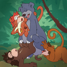 anal anal_penetration anthro arm_around_neck balls banana bodily_fluids butt butt_grab erection eyes_closed food foreskin forest foursome fruit fur genital_fluids genitals group group_sex hand_on_butt humanoid_genitalia humanoid_penis jungle male male/male male_penetrated male_penetrating male_penetrating_male nude open_mouth oral outside penetration penile penis plant precum rimming sex tongue tongue_out tree vines argon_vile disney the_jungle_book baloo bear haplorhine mammal monkey primate sloth_bear ursine 1:1 absurd_res digital_media_(artwork) hi_res