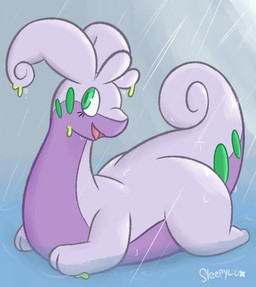ambiguous_anthro ambiguous_gender antennae_(anatomy) anthro green_body green_eyes lying on_front open_mouth open_smile puddle purple_body raining smile solo tail text water wet wet_body drowzycroaks nintendo pokemon generation_6_pokemon goodra pokemon_(species) artist_name hi_res