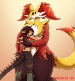 anthro back_spikes big_breasts black_body black_fur breasts duo eyelashes eyes_closed female fur gradient_background half-closed_eyes hug humanoid_pointy_ears larger_anthro larger_female looking_at_viewer male muscular muscular_male narrowed_eyes pointy_ears pupils raised_tail red_body red_eyes red_fur simple_background size_difference slit_pupils smile spiked_tail spikes spikes_(anatomy) tail thick_thighs white_body white_fur yellow_body yellow_fur yellow_tail pablozillarex mythology nintendo pokemon animal_humanoid delphox dragon dragon_humanoid generation_6_pokemon humanoid mythological_creature mythological_scalie pokemon_(species) scalie absurd_res hi_res