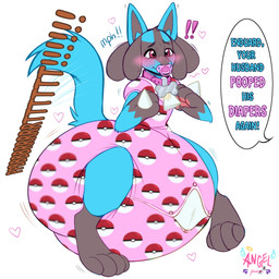 anthro arms_bent big_diaper black_body black_fur black_inner_ear blue_body blue_fur blue_tail blush blush_lines bone_collar_tag chest_spike clothed clothing collar collar_tag dialogue diaper diaper_fetish diaper_under_clothing diaper_under_onesie digitigrade exclamation_point feces fluffy fluffy_tail fur halo heart_symbol huge_diaper logo male multicolored_body multicolored_fur object_in_mouth offscreen_character onesie pacifier pacifier_in_mouth pawpads pink_collar pink_pacifier pink_pawpads pokeball pokeball_clothing pooping simple_background soiled_diaper soiling soiling_diaper solo sound_effects speech_bubble spikes spikes_(anatomy) standing tail tail_motion tailwag text unclean_diaper used_diaper vowelless vowelless_sound_effect vowelless_vocalization wearing_diaper white_background wings yellow_body yellow_fur lazerpawz nintendo pokemon generation_4_pokemon lucario pokemon_(species) 2025 artist_logo artist_name english_text full-length_portrait hi_res portrait signature