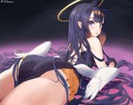 animal_humanoid black_hair blue_eyes butt butt_focus clothing dress female hair halo hololive hololive_en humanoid humanoid_pointy_ears jtveemo long_hair looking_at_viewer looking_back lying mammal marine marine_humanoid ninomae_ina'nis on_front open_mouth simple_background solo vtuber wings