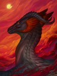 aerial_view ambiguous_gender black_body black_scales black_sclera cloud feral horn orange_eyes scales sky solo sun teeth twilight morsylvia mythology dragon mythological_creature mythological_scalie scalie 2022 absurd_res digital_media_(artwork) hi_res