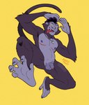 anthro areola arms_above_head athletic bulge eyebrow_slit eyebrows facial_hair feet flaccid foot_focus foreshortening foreskin genitals goatee jewelry jumping male mastectomy_scar midair mohawk necklace nude nude_anthro nude_male penis phalloplasty phalloplasty_scar potbelly prehensile_feet prehensile_tail purple_body raised_leg raised_tail scar sharp_teeth simple_background smile smiling_at_viewer solo tail teeth text toes tongue tongue_out yellow_background angelofalls conditional_dnp angelo_(angelofalls) atelid haplorhine mammal monkey new_world_monkey primate spider_monkey 2025 artist_name digital_drawing_(artwork) digital_media_(artwork) hi_res signature trans_(lore) trans_man_(lore)