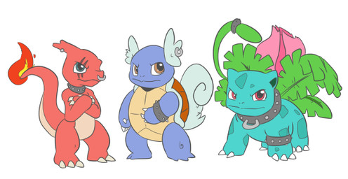 ambiguous_anthro ambiguous_feral ambiguous_gender anthro black_bracelet black_choker black_jewelry black_necklace blue_body blue_eyes bracelet brown_eyes choker claws crossed_arms ear_piercing ear_ring facial_piercing feral fire flaming_tail group jewelry leaf narrowed_eyes necklace nose_piercing nose_ring piercing red_body red_eyes ring_piercing shell simple_background standing starter_trio tail trio white_background dendollae nintendo pokemon pokemon_mystery_dungeon spike_chunsoft charmeleon generation_1_pokemon ivysaur pokemon_(species) wartortle